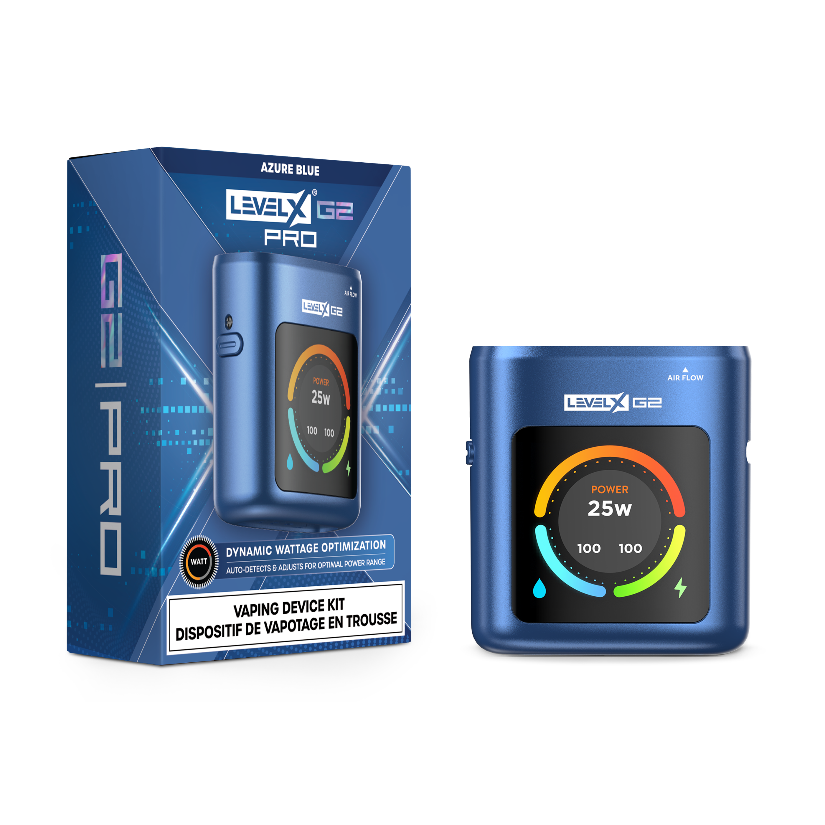 LEVEL X Battery G2 PRO in azure blue with dynamic wattage optimization and LED power display.